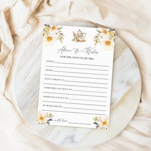 Tea Party Bridal Shower Advice & Wishes Game - High Tea White Floral, Editable Printable Teapot Advice For The Bride Activity Template: TFT1