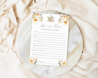 Tea Party Bridal Shower Advice & Wishes Game - High Tea White Floral, Editable Printable Teapot Advice For The Bride Activity Template: TFT1