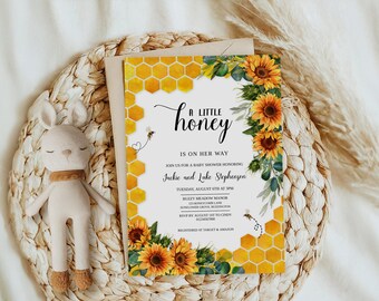 Honey Bee Baby Shower Invitation - 'A Little Honey Is On Her Way' Theme with Sunflowers & Bees, Perfect for Gender Neutral Celebrations SHB1