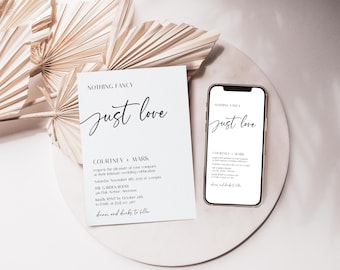 May include: A white wedding invitation card and a smartphone displaying the same invitation design. The text reads "NOTHING FANCY just love" followed by "COURTNEY + MARK" and details for an intimate wedding celebration at The Garden Room.