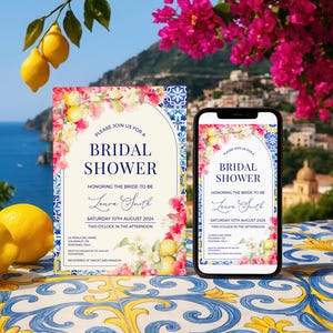 Lemon Bougainvillea Bridal Shower Invitation - Editable Printable Summer Citrus Italian Mediterranean Party Digital Invite Template: MP22