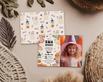 Two Spooky 2nd Birthday Invitation with Photo - Halloween Retro Spooky Second Boo-day Invite, Editable Printable Ghost Pumpkin Party: RHH1
