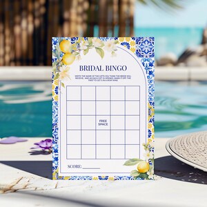 Lemon Mediterranean Bridal Bingo Game - Amalfi Coast Positano Italian Bridal Shower Activity, Editable & Printable, Blue Yellow Tiles: MP12