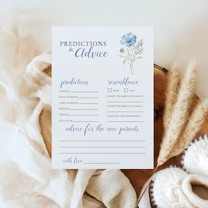 Dusty Blue Floral Predictions & Advice Card - Baby in Bloom Shower Game, Editable Printable Baby Shower Keepsake, Templett Design: BIB1