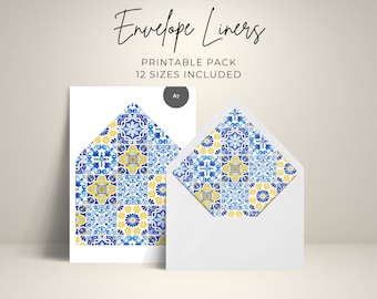 Mediterranean Blue & Yellow Tile Envelope Liners - Amalfi Coast Italian Azulejo Pattern, Bridal + Baby Shower, Printable DIY Invite: MP12