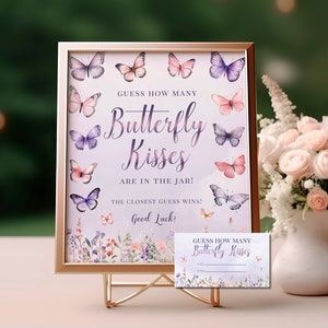 Guess How Many Butterfly Kisses Game Sign - Pink Purple Floral Party Template, Whimsical Enchanted Garden Printable Baby Shower Activity ETM