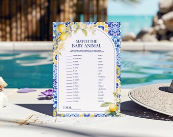 Lemon Mediterranean Match the Baby Animal Game - Editable Printable Amalfi Coast Italian Sorrento Blue Yellow Tile Shower Quiz Activity MP12