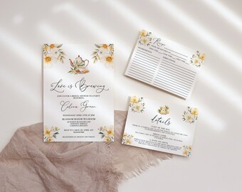 May include: A bridal shower invitation with a watercolor illustration of a teapot and teacups. The invitation reads "Love is Brewing" and includes details about the event, including the date, time, location, and RSVP information.