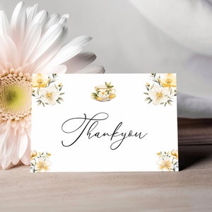 Tea Party Thank You Card Template - White & Yellow Floral Bridal Baby Shower, Tea Time Printable, Editable Thankyou Tent Folded Card: TFT1