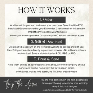 Op de afbeelding: Infographic met drie stappen over hoe het werkt: Bestellen, Bewerken & Downloaden, Afdrukken & Verzenden. De infographic bevat instructies over het gebruik van Templett.com om een ​​printbare sjabloon te maken en te bewerken. De tekst vermeldt ook dat je de sjabloon kunt downloaden als een PDF-, JPEG- of PNG-bestand.
