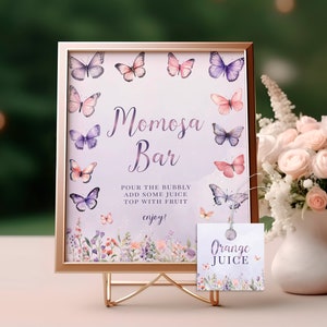 Butterfly Baby Shower Momosa Bar Sign - Pink Purple Enchanted Garden Floral Decor, Editable Printable Mimosa Table Signage, Juice Tags: ETM