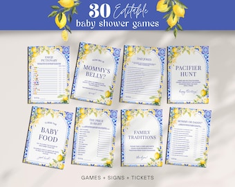 Lemon Mediterranean Baby Shower Game Bundle - Editable & Printable 30 Fun Party Games, Amalfi Coast Italy Positano Sorrento Templates: MP12