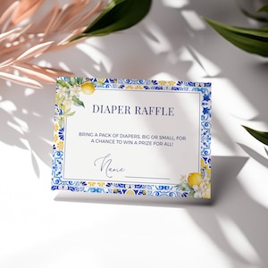 Lemon Mediterranean Diaper Raffle Ticket Template - Amalfi Coast Baby Shower Printable, Blue & Yellow Tile, Editable Game Insert Card: MP12