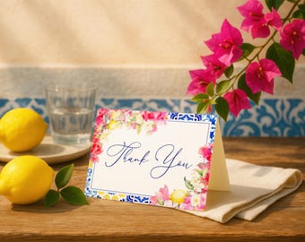 Lemon Bougainvillea Thank You Card - Editable Printable Citrus Italian Mediterranean Bridal & Baby Shower Thankyou Folded Thanks Note: MP22