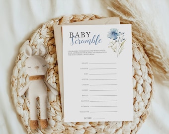 Baby Shower Word Scramble Game - Dusty Blue Floral Design, Fun Baby Scramble Activity, Ideal for Baby Celebration, INSTANT DOWNLOAD: BIB1