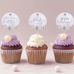 Butterfly Baby Shower Cupcake Toppers - Pink Purple Floral Cake Decor, Enchanted Garden Girl Party Sticker, Editable Printable Template: ETM