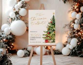 May include: A white sign with gold lettering announcing "Tis the season to celebrate!"  Welcome to The Carter's Christmas Party, December 19th 2024. A watercolor illustration of a Christmas tree with red ornaments and presents is on the right side of the sign.