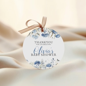 Editable Dusty Blue Baby Shower Favor Tags - Square & Circle Thankyou Labels, Printable Template, Wildflower Floral Party Decor Gift: BIB1
