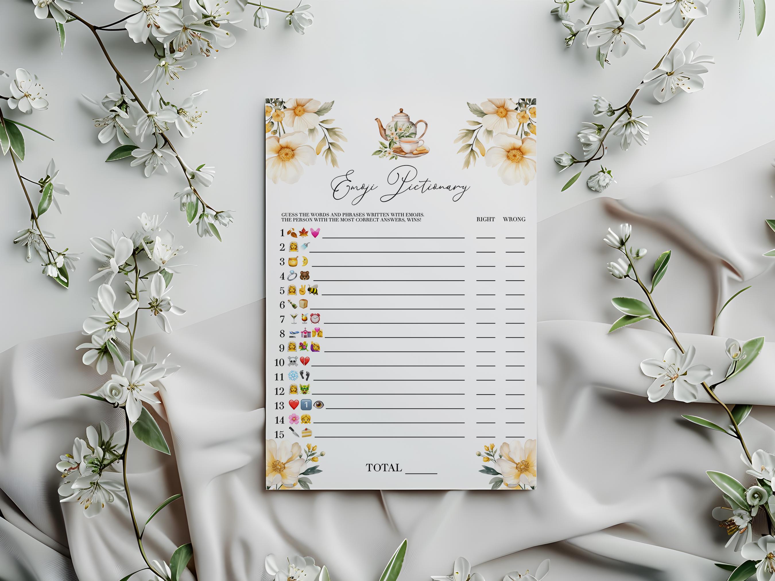 Tea Pictionary Tea Party Emoji Pictionary Bridal Shower Game - Editable Printable ...