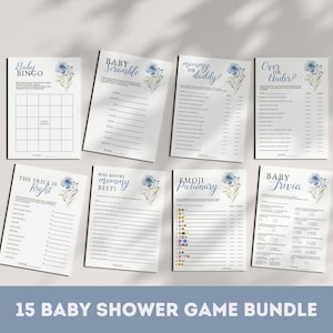 Baby Shower Game Bundle - Dusty Blue Floral &#39;Baby in Bloom&#39; Theme, Editable & Printable, INSTANT DOWNLOAD for Baby Celebration Gift: BIB1