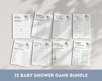Puede incluir: Un conjunto de 15 tarjetas de juego de baby shower imprimibles con un diseño floral azul acuarela. Los juegos incluyen Baby Bingo, Baby Scramble, Mamá o Papá, Más o Menos, El Precio es Correcto, Quién Conoce a Mamá Mejor, Pictionary Emoji y Baby Trivia.