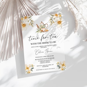 Editable Tea Party Bridal Shower Invitation - Time for Tea with the Bride to Be, White & Yellow Floral, High Tea Printable Template: TFT1