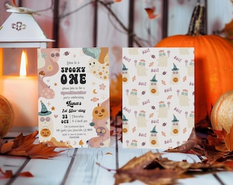 Spooky One 1st Birthday Invitation - Halloween Spooky First Boo-day Invite, Editable Printable Boho Hippie Ghost Pumpkin Party Template RHH1