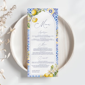 Lemon Mediterranean Menu Template - Amalfi Coast Positano Italian Bridal & Baby Shower, Editable Printable Dinner, Blue Yellow Tile: MP12