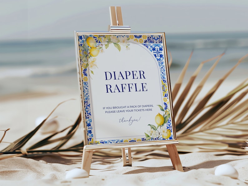 General Raffle Easel Sign Lemon Mediterranean Diaper Raffle Sign - Baby Shower Table Decor, Blue ...