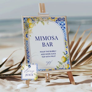 Lemon Mediterranean Mimosa Bar Sign - Amalfi Coast Bridal & Baby Shower Decor, Blue Yellow Tile, Editable Bubbly Momosa + Juice Tags: MP12