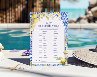 Lemon Mediterranean 'Baby' Around the World Game - Language Translation Quiz Trivia Activity, Amalfi Coast Positano Blue Tiles Shower: MP12