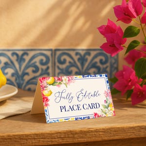 Lemon Bougainvillea Place Card - Editable Printable Citrus Mediterranean Bridal & Baby Shower Event Food Tent Table Seating Name Label: MP22