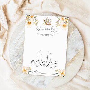 Tea Party Draw The Baby Game - White Floral Baby Shower Activity Template, Editable Printable Teapot Card, High Tea Guess The Baby: TFT1