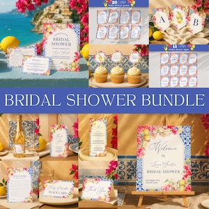 Lemon Bougainvillea Bridal Shower Bundle - Editable Printable Mediterranean 50+ Large Event Decor Set, Invitations, Signs, Games & More MP22
