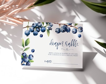 Blueberry Baby Shower Diaper Raffle Ticket Card - 'Berry Sweet' Fruit Insert, Editable Printable Template, Blueberries Diaper Request: ABS1