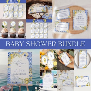 Lemon Mediterranean Baby Shower Bundle - Editable Invitation, Signs, Games & More, Printable Amalfi Coast Positano Decor Template Set: MP12