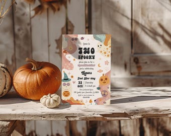Two Spooky 2nd Birthday Invitation - Halloween Retro Spooky Second Boo-day Invite, Editable Printable Ghost Pumpkin Fall Party Template RHH1