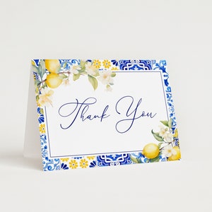 Lemon Mediterranean Thank You Card - Blue Yellow Tile, Editable Printable Baby Bridal Shower, Amalfi Coast Positano Folded Template: MP12