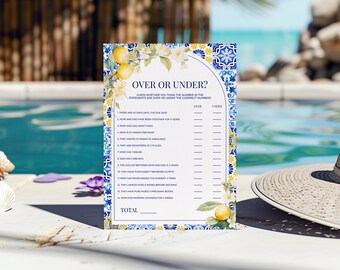 Lemon Mediterranean 'Over or Under?' Baby Shower Game - Amalfi Coast Italian Activity Trivia Card, Editable Printable Blue Yellow Tile: MP12