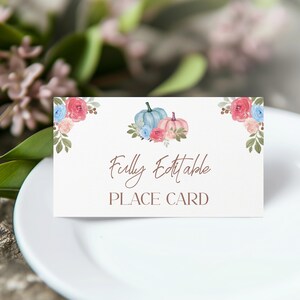 Little Pumpkin Gender Reveal Place Card - Pink Blue Floral Fall Autumn Boho Party Table Name Label Decor, Editable Halloween Food Tent: PGR1
