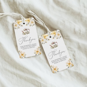 Tea Party Favor Tag Template - Editable & Printable Thankyou Tags, White + Yellow Floral, Teapot Baby or Bridal Shower Gift Label: TFT1