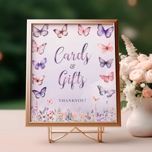 Butterfly Baby Shower Cards & Gifts Sign - Whimsical Pink Purple Enchanted Garden  Floral Table Party Decor, Editable Printable Template ETM