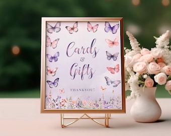 Butterfly Baby Shower Cards & Gifts Sign - Whimsical Pink Purple Enchanted Garden  Floral Table Party Decor, Editable Printable Template ETM
