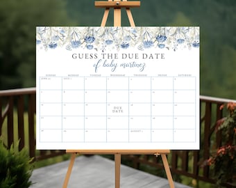 Editable Dusty Blue Guess the Due Date Game Sign - Baby Shower Wildflower Floral 'Baby in Bloom', Printable Birthday Activity Template: BIB1