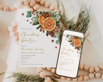 May include: A Christmas party invitation with a watercolor design featuring orange slices, pinecones, and greenery. The invitation is displayed on a white background with wooden beads and a smartphone showing the same design.