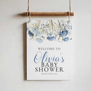 Dusty Blue Baby Shower Welcome Sign - Wildflower Floral, &#39;Baby in Bloom&#39; Editable & Printable Poster Template, DIY Party Decor, Boy: BIB1
