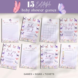 Butterfly Baby Shower Game Bundle - 15 Pink Purple Floral Activities, Signs, Tags, Tickets, Whimsical Enchanted Garden Party Pack Decor: ETM