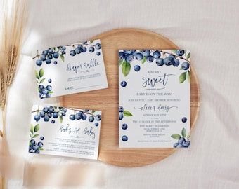 Blueberry Baby Shower Invitation Suite - 'Berry Sweet' Editable Template, Watercolor Blueberries Books for Baby, Diaper Raffle Bundle: ABS1