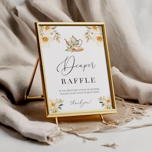 Tea Party Diaper Raffle Sign - White Floral High Tea Baby Shower Game, Editable Printable Teapot Table Party Decor, Baby is Brewing: TFT1