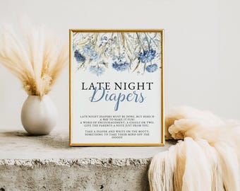 Late Night Diaper Game Sign - Dusty Blue Floral Printable for Baby Shower - Instant Download Activity, Baby in Bloom: BIB1